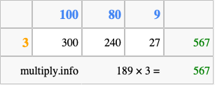 Calculate 189 times 3 using the box method