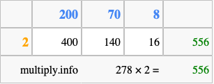 Calculate 278 times 2 using the box method