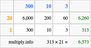 Calculate 313 times 21 using the box method