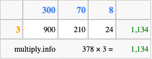 Calculate 378 times 3 using the box method