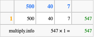 Calculate 547 times 1 using the box method