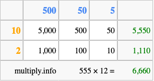 Calculate 555 times 12 using the box method