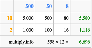 Calculate 558 times 12 using the box method