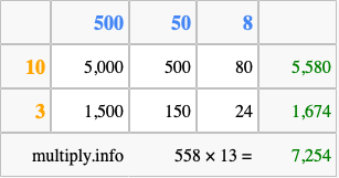 Calculate 558 times 13 using the box method