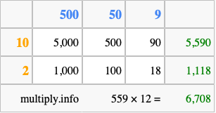 Calculate 559 times 12 using the box method