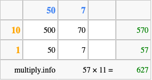 Calculate 57 times 11 using the box method