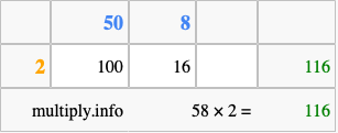 Calculate 58 times 2 using the box method