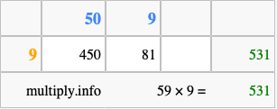 Calculate 59 times 9 using the box method