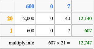Calculate 607 times 21 using the box method