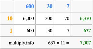 Calculate 637 times 11 using the box method