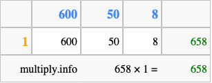 Calculate 658 times 1 using the box method
