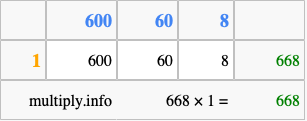 Calculate 668 times 1 using the box method