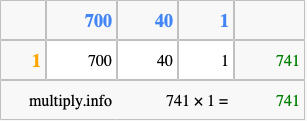 Calculate 741 times 1 using the box method