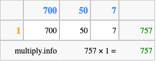 Calculate 757 times 1 using the box method