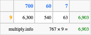 Calculate 767 times 9 using the box method