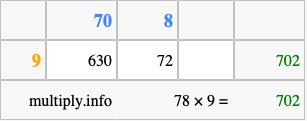 Calculate 78 times 9 using the box method