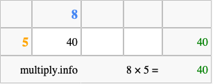 Calculate 8 times 5 using the box method