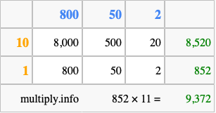 Calculate 852 times 11 using the box method