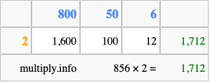 Calculate 856 times 2 using the box method