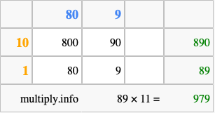 Calculate 89 times 11 using the box method