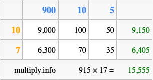Calculate 915 times 17 using the box method