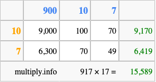 Calculate 917 times 17 using the box method