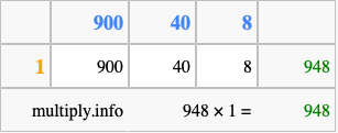 Calculate 948 times 1 using the box method