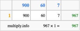 Calculate 967 times 1 using the box method