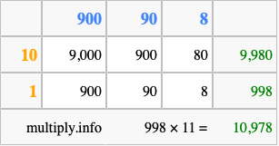 Calculate 998 times 11 using the box method