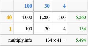 Calculate 134 times 41 using the box method