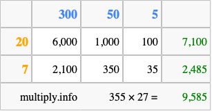 Calculate 355 times 27 using the box method