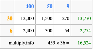 Calculate 459 times 36 using the box method