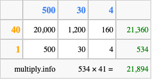 Calculate 534 times 41 using the box method