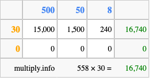 Calculate 558 times 30 using the box method