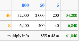 Calculate 855 times 48 using the box method