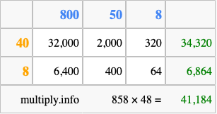 Calculate 858 times 48 using the box method