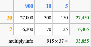 Calculate 915 times 37 using the box method
