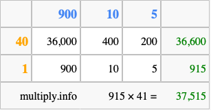 Calculate 915 times 41 using the box method