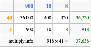 Calculate 918 times 41 using the box method