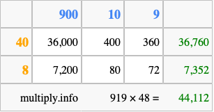 Calculate 919 times 48 using the box method