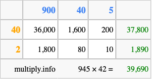 Calculate 945 times 42 using the box method