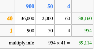 Calculate 954 times 41 using the box method