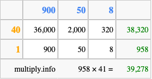 Calculate 958 times 41 using the box method