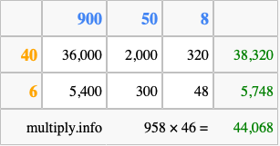 Calculate 958 times 46 using the box method