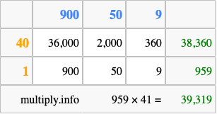 Calculate 959 times 41 using the box method