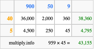 Calculate 959 times 45 using the box method