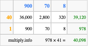 Calculate 978 times 41 using the box method