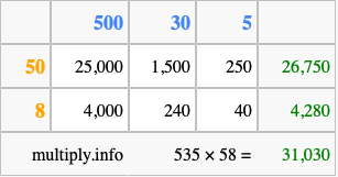 Calculate 535 times 58 using the box method