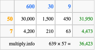 Calculate 639 times 57 using the box method