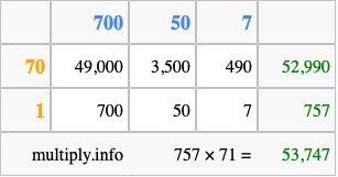 Calculate 757 times 71 using the box method